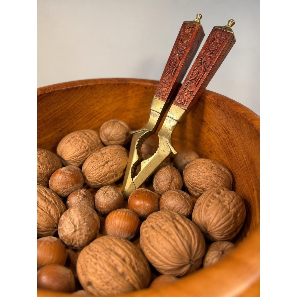 Vintage Brass & Carved Wood Nutcracker • Mid Century Kitchen Decor